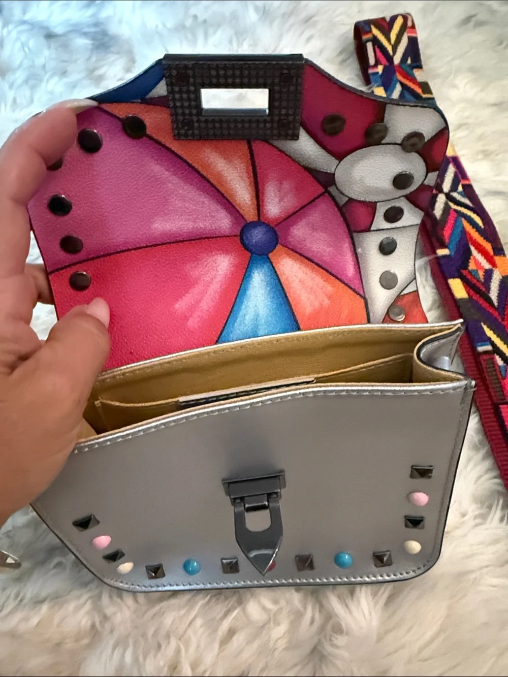 Vera Pelle Metallic silver  Crossbody with Multicolor Studs and 2 Straps